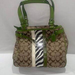 Coach Tan Signature Canvas Tote with Green Trim and Zebra Stripe